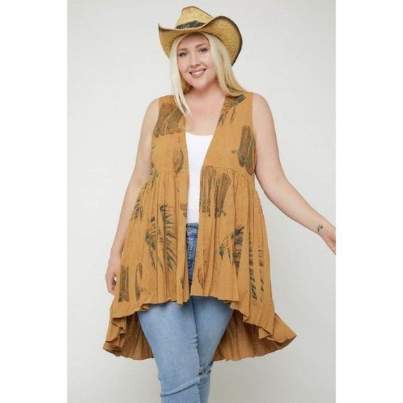 Kimberly Rose Boutique Sweaters - Tan with Black Feather Sublimation Print Long Cardi Vest